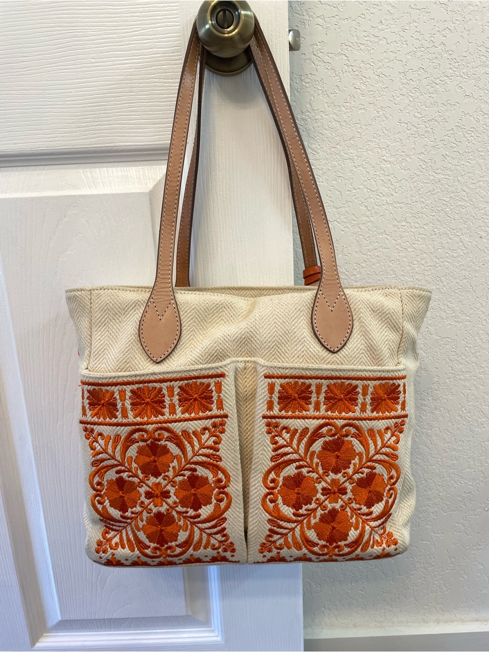 Brighton Cream Canvas Tote with Orange Embroidered Panels and Tan Handles